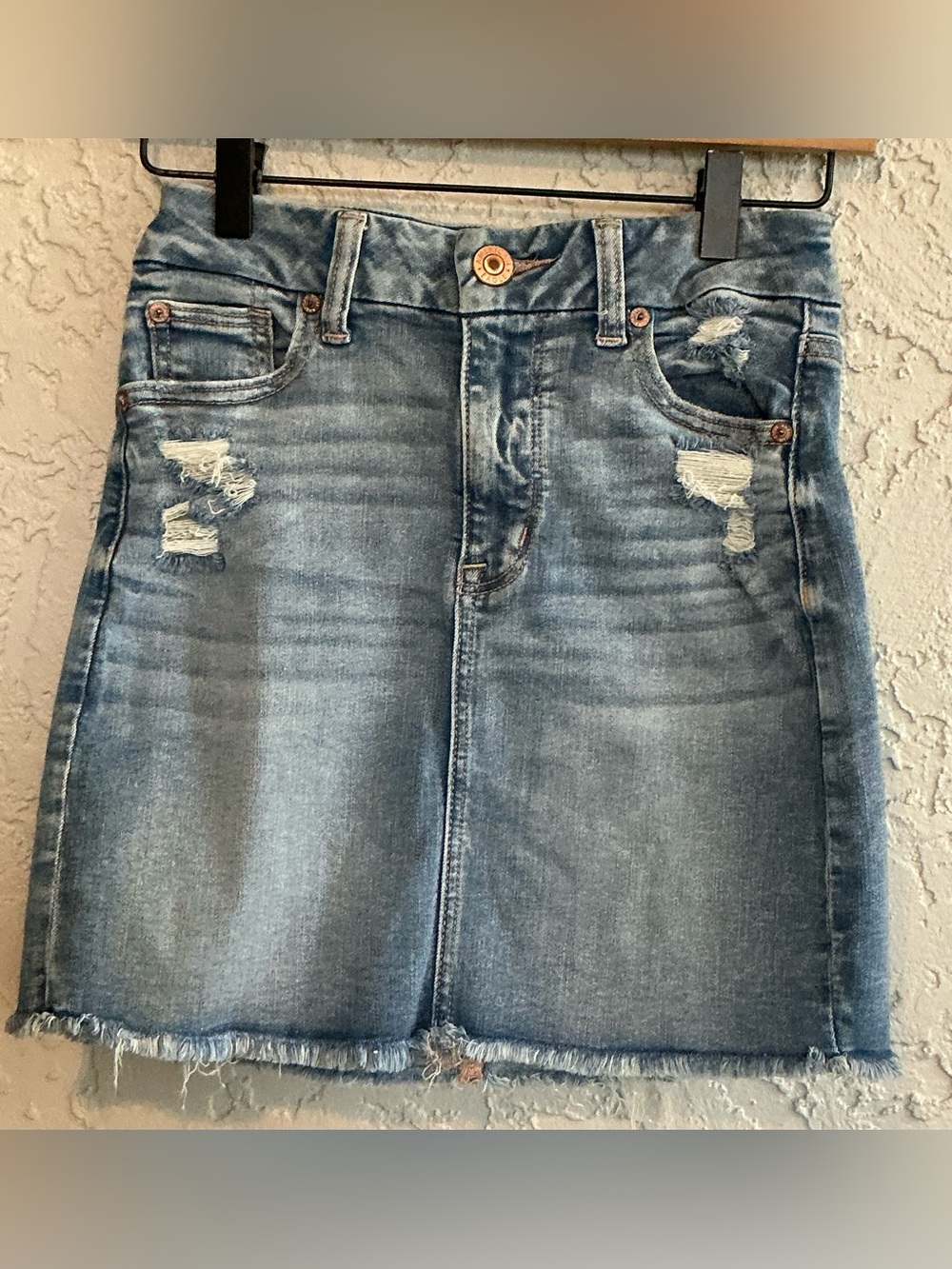 American Eagle Outfitters Blue Distressed High Rise Curvy Mini Denim Skirt